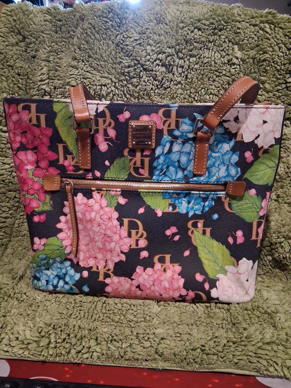 Dooney & Bourke Black Floral Hydrangea Tote with Pink, Blue & Green Accents